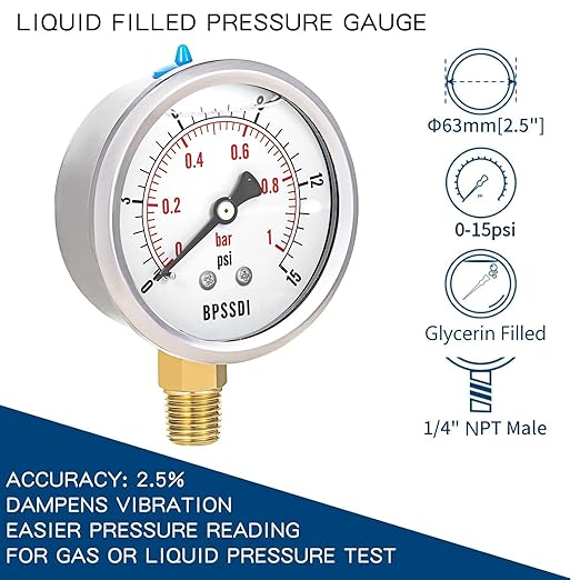 0-15 Psi Glycerin Liquid Filled Low Pressure Gauge, 2.5" Dial Size, 1/4" NPT Lower Mount, 304 Stainless Steel Case, for Water Pipe, HVAC, Water Oil Air Pressure Test