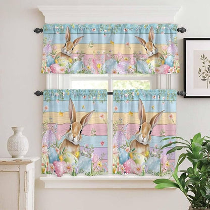 Kitchen Curtains Tiers and Valance Set of 3, Easter Light Filtering Window Curtain Set, Spring Rabbit Eggs Floral Colorful Wooden Grain Rod Pocket Curtain Drapes for Cafe, Living Room, 36 Inches Tiers