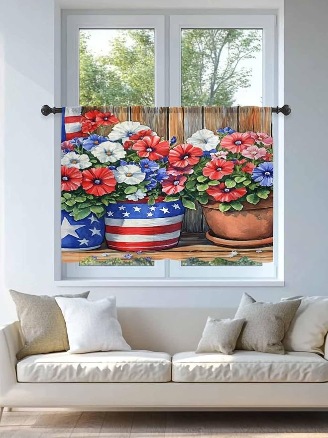 Sheer Curtains 54 Inch Length, Red Blue Flower Semi Sheer Curtains Light Filtering Window Treatment, Retro Independence Day Flag Wood Grain Privacy Voile Drapes for Living Room Bedroom 52x54 Inch