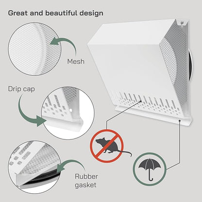 Vent Systems 8" Inch Air Supply Vent Cover with Rubber Gasket - White Galvanized Steel - Robust and Weatherproof Outdoor Air Intake Box - Duct or Surface Mounting - Rain and Snow Protection