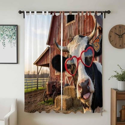 Farm Cows Living Room Curtains 96 Inch Length, Window Curtains Tab Top, Farmhouse Barn Funny Animals Butterfly Light Filtering Window Treatments Drapes 52"x96" 2 Panel