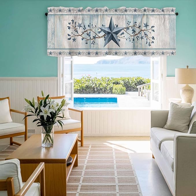 Texas Star Blue Curtain Valances for Windows, Kitchen Valance Window Treatment, Farmhouse Country Branches Wooden Grain Light Filtering Block Curtains for Bathroom/Bedroom/Living Room 42'' x 12''