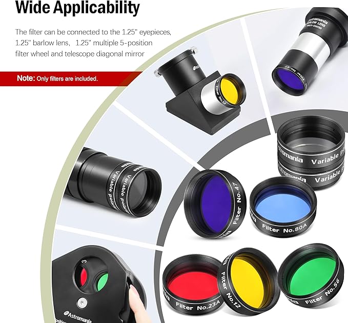 Astromania 1.25-Inch Telescope Eyepiece Filter Set(6 Pieces), Variable Grey Polarizing Filter, 5 Planetary Color Filters - Enhance Lunar Planetary Observation - Reduce Light Pollution