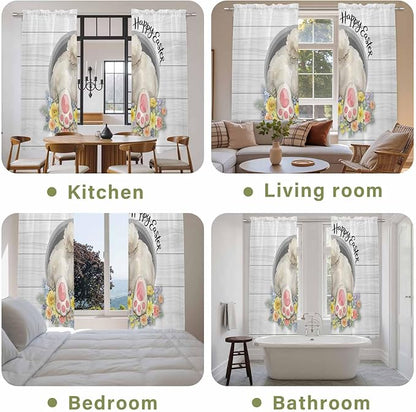 Easter Bunny Window Curtains 72 Inch Long 2 Panel Set,Rod Pocket Long Curtains & Drapes,3D Optical Illusion Farmhouse Flower Wood Grain Light Filtering Window Treatment for Bedroom 52"W x 72"L