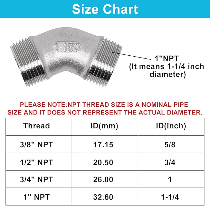 45 Degree Elbow 1PCS, 1" NPT Male X 1" NPT Male 304 Stainless Steel Pipe Fitting, Connector Coupler Apply to Outdoor/Garden/Industrial