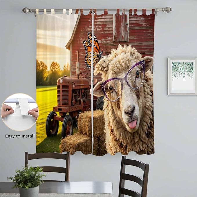 Farm Sheep Living Room Curtains 96 Inch Length, Window Curtains Tab Top, Farmhouse Barn Funny Animals Butterfly Light Filtering Window Treatments Drapes 52"x96" 2 Panel