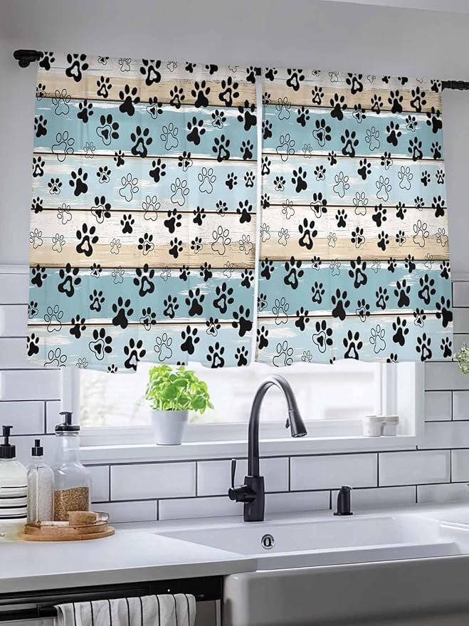 Sheer Curtains 45 Inch Length, Blue Beige Paw Print Semi Sheer Curtains Light Filtering Window Treatment, Vintage Farmhouse Country Wood Grain Privacy Voile Drapes for Living Room Bedroom 52x45 Inch