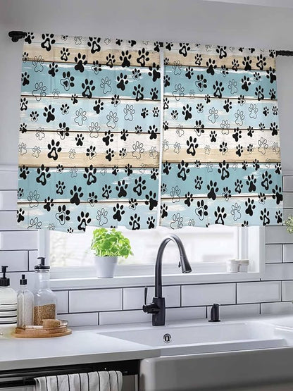 Sheer Curtains 54 Inch Length, Blue Beige Paw Print Semi Sheer Curtains Light Filtering Window Treatment, Vintage Farmhouse Country Wood Grain Privacy Voile Drapes for Living Room Bedroom 52x54 Inch