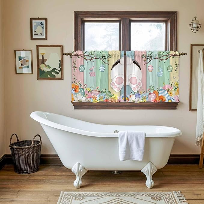Easter Kitchen Tier Curtains 36 Inch Long 2 Panel Set,Rod Pocket Half Window Curtains Over Sink,Spring Colorful Bunny Eggs Flower Wood Grain Light Filtering Short Drapes Cafe 27.5"W x 36"L