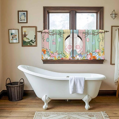 Easter Kitchen Tier Curtains 36 Inch Long 2 Panel Set,Rod Pocket Half Window Curtains Over Sink,Spring Colorful Bunny Eggs Flower Wood Grain Light Filtering Short Drapes Cafe 27.5"W x 36"L