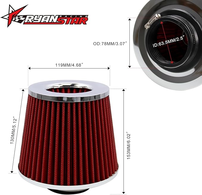 RYANSTAR RACING 63mm 2.5" High Flow Round Tapered Cone Cool Air Filter Cleaner with Top Filter Design Short 153mm tall