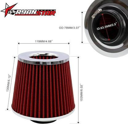 RYANSTAR RACING 63mm 2.5" High Flow Round Tapered Cone Cool Air Filter Cleaner with Top Filter Design Short 153mm tall