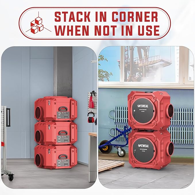 Commercial Air Scrubber, Negative Air Machine with 550 CFM, Stackable Heavy Duty Air Cleaner with MERV-10/ HEPA/Activated Carbon Filter for Home, Cnstruction Sites, Red