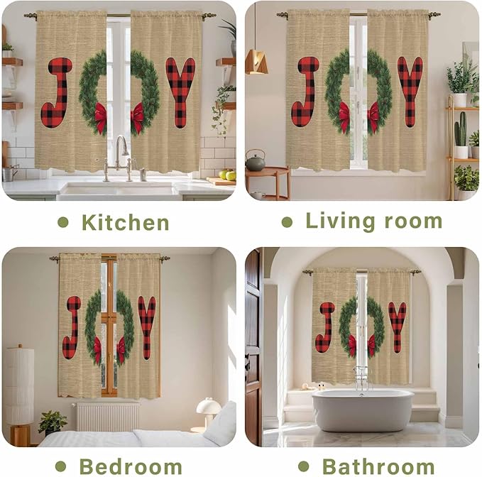 Red Green Christmas Window Curtains 63 Inch Long 2 Panel Set, Rod Pocket Bedroom Curtains & Drapes, Xmas Botanical Winter Farmhouse Light Filtering Window Treatment for Living Room 42"W x 63"L
