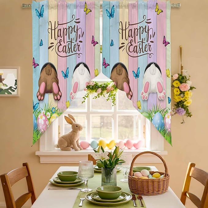 Swag Curtain Valances for Kitchen Windows,Happy Easter Rabbit Butt Egg on Daisy Leaf Short Rod Pocket Window Valance,Bufferfly on Wood Barn Swag Topper for Bedroom Living Room,2 Panels 36x45in