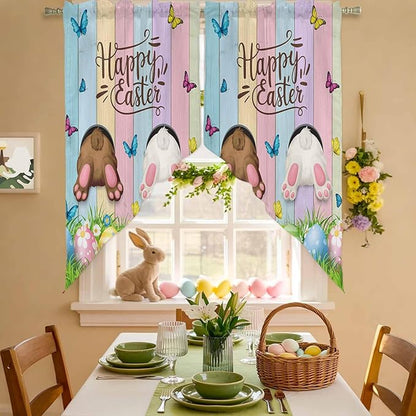 Swag Curtain Valances for Kitchen Windows,Happy Easter Rabbit Butt Egg on Daisy Leaf Short Rod Pocket Window Valance,Bufferfly on Wood Barn Swag Topper for Bedroom Living Room,2 Panels 36x45in