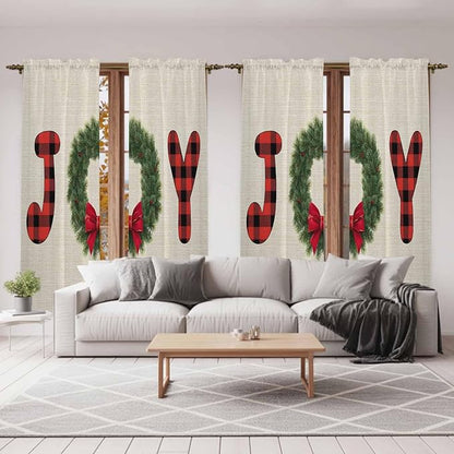 Red Green Christmas Window Curtains 72 Inch Long 2 Panel Set, Rod Pocket Long Curtains & Drapes, Farmhouse Xmas Botanical Winter Light Filtering Window Treatment for Bedroom Living Room 52"W x 72"L