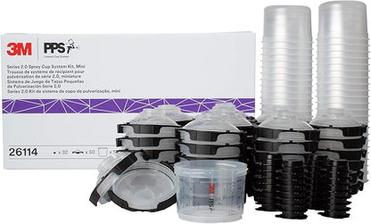 3M PPS 2.0 Spray Gun Cup, Lids and Liners Kit, 26114, Mini, 6 Ounces, 200-Micron Filter, Use for Cars, Furniture, House and More, 1 Paint Cup, 50 Disposable Lids and Liners, 32 Sealing Plugs, White