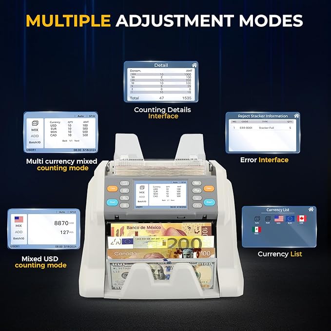 RIBAO MC-40 Mixed Denomination Money Counter, Business Grade Cash Counting Machine, CIS/UV/MT Counterfeit Detection, Muti Currency Bill Counter Printer Compatible Value Count