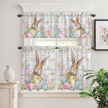 Kitchen Curtains Tiers and Valance Set of 3, Easter Light Filtering Window Curtain Set, Rustic Spring Bunny Eggs Botanical Grey Wooden Rod Pocket Curtain Drapes for Cafe, Living Room, 24 Inches Tiers