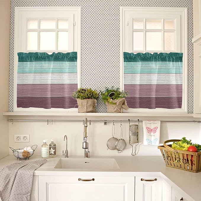 Retro Farm Woodcuts Texture Window Valance Curtains, Green Brown Gradient Light Filtering Kitchen Valance with 3-inch Rod Pocket for Living Room Bathroom Bedroom,2 Panel,27.5x24In