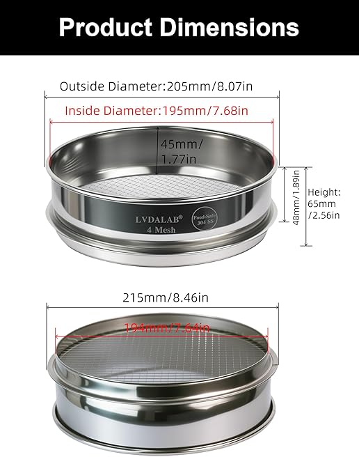 All 304 Stainless Steel 4 Mesh Test Sieve (4.75mm Aperture), 8 Inch/20cm Diameter, Lab Sifter & Soil Strainer, Heavy Duty Wire Screen for Rock, Gravel, Bonsai & Aggregate