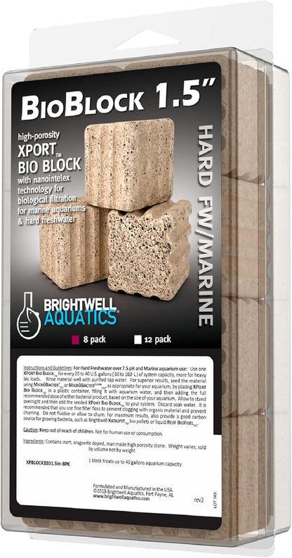 Brightwell Aquatics - Xport-BIO Block Aquarium Filter - Biological Filtration Media for Bacteria Growth, Nutrient Control & Control of Unwanted Nutrients - Aquarium Water Treatments, 8 Pack, 1.5 inch