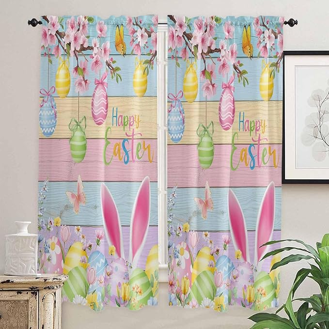 Colorful Easter Living Room Curtains 72 Inches length, Spring Watercolor Bunny Egg Flower Wood Grain Window Treatment Curtain Drapes, Light Filtering Drapes for Bedroom Laundry Room, 52"x72", 2 Panels
