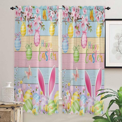 Colorful Easter Living Room Curtains 72 Inches length, Spring Watercolor Bunny Egg Flower Wood Grain Window Treatment Curtain Drapes, Light Filtering Drapes for Bedroom Laundry Room, 52"x72", 2 Panels