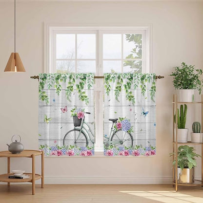 Spring Tier Curtains, Bicycles Botanical Rose Leaves Butterfly Wood Grain Light Filtering Kitchen Curtains, 2Pcs Rod Pocket Half Window Treatments Panels for Sink Cafe Cabinet Basement 27.5x45 Inches