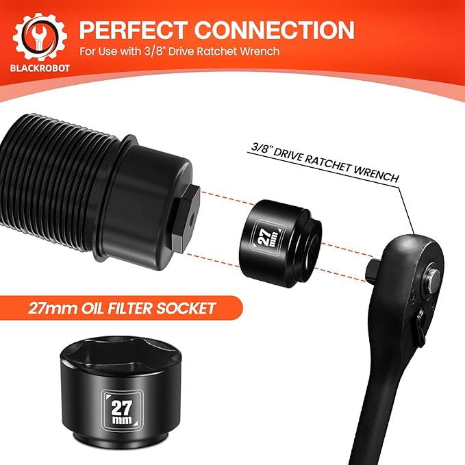 BLACKROBOT 27mm Low Profile Oil Filter Socket, 3/8" Drive 6-Point Oil Filter Cap Remover and Installer Tool, Chrome Vanadium Steel
