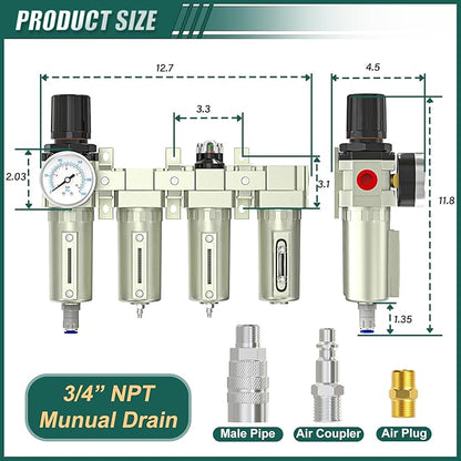 Industrial Grade 4-Stage Air Drying System, 3/4" NPT with Auto Drain, desiccant dryer, air regulator, Particulate Filter and Coalescing Filter for for Paint Spray， Plasma Cutter