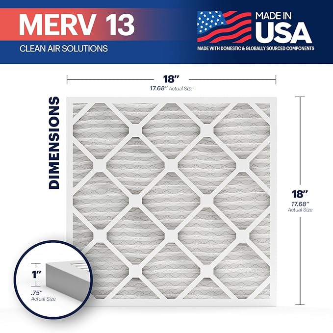 BNX TruFilter 18x18x1 Air Filter MERV 13 (6-Pack) - MADE IN USA - Electrostatic Pleated Air Conditioner HVAC AC Furnace Filters for Allergies, Pollen, Mold, Bacteria, Smoke, Allergen, MPR 1900 FPR 10