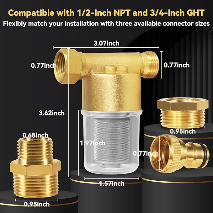 40 Micron Reusable Sediment Filter, Brass Inline Water Filter, Compatible with 1/2" NPT & 3/4" GHT, Sediment Filter for Washer, Washing Machine, Garden Hoses, High Pressure Washer, Well Water, RV