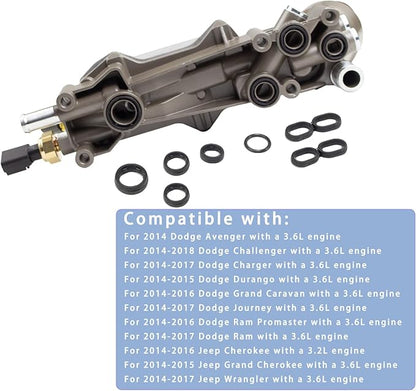 926-959 Aluminum Engine Oil Filter Housing Oil Cooler Kit with Gaskets & Sensors Compatible with 2011-2016 Chrysler Charger Challenger Journey Wrangler Ram Promaster 3.6L (grey)