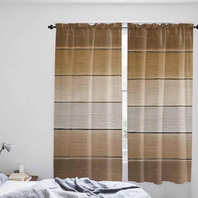 Vintage Brown Gradient Wood Grain Window Valance Curtains, Farmhouse Wood Barn Light Filtering Kitchen Valance with 3-inch Rod Pocket for Living Room Bathroom Bedroom,2 Panel,52x72In