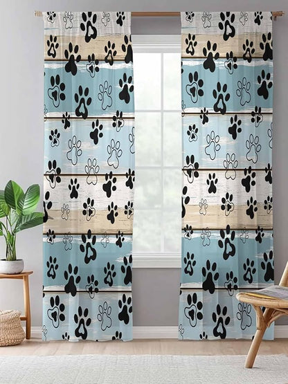 Sheer Curtains 96 Inches Long, Blue Beige Paw Print Semi Sheer Curtains Light Filtering Window Treatment, Vintage Farmhouse Country Wood Grain Privacy Voile Drapes for Living Room Bedroom 52x96 Inch