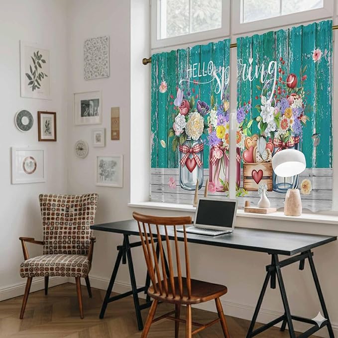 Spring Flowers Tier Curtains, Farmhouse Watercolor Teal Wood Grain Light Filtering Kitchen Curtains, 2Pcs Rod Pocket Half Window Treatments Panels for Sink Cafe Cabinet Basement 27.5x45 Inches