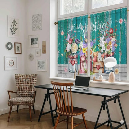 Spring Flowers Tier Curtains, Farmhouse Watercolor Teal Wood Grain Light Filtering Kitchen Curtains, 2Pcs Rod Pocket Half Window Treatments Panels for Sink Cafe Cabinet Basement 27.5x45 Inches