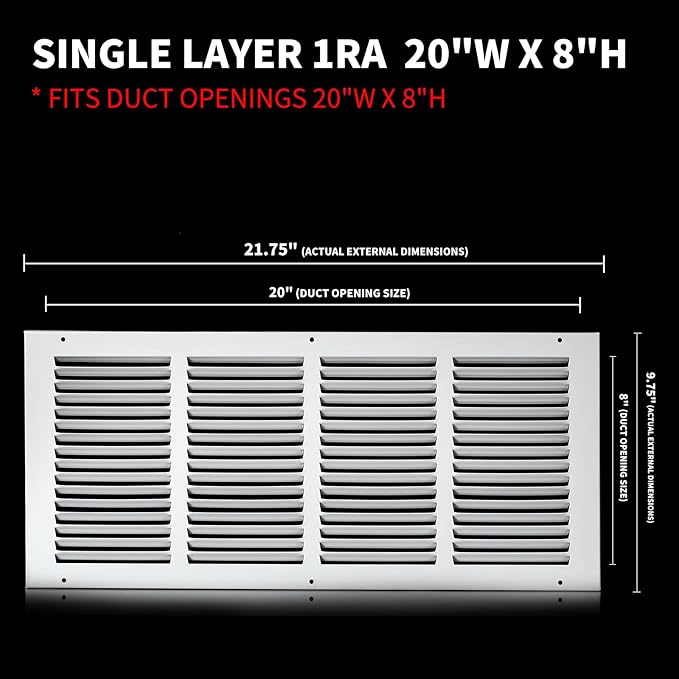 20x8 Return Air Grille(Duct Opening Size),Air Return Vent Cover,Flat Vent Cover,Rejillas De Aire Acondicionado para Casa,Return Air Grilles,Outer Dimensions:21.75"Wx9.75"H(20"W x 8"H, Duct Opening)