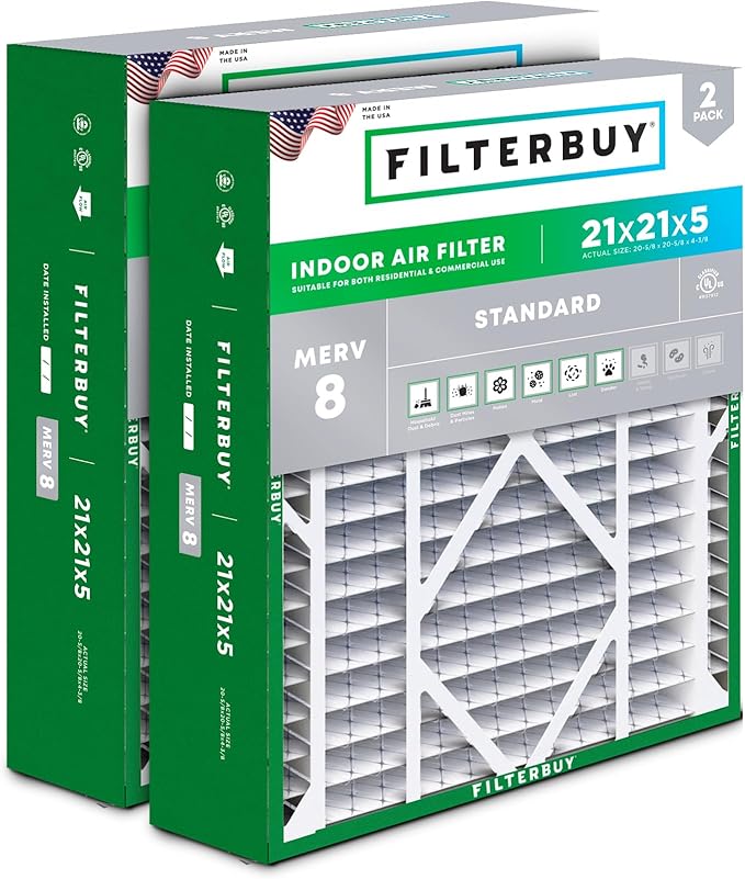 Filterbuy 21x21x5 Air Filter MERV 8 Essential Dust & Allergy Defense (2-Pack), Electrostatic Pleated HVAC AC Furnace Filters Replacement for Rheem, Ruud, & Protech (Actual Size: 20.63 x 20.63 x 4.38)