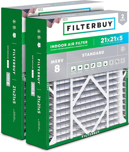 Filterbuy 21x21x5 Air Filter MERV 8 Essential Dust & Allergy Defense (2-Pack), Electrostatic Pleated HVAC AC Furnace Filters Replacement for Rheem, Ruud, & Protech (Actual Size: 20.63 x 20.63 x 4.38)
