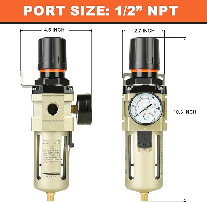 Hromee 1/2 Inch Compressed Filter Regulator Combo, Air Compressor Water Oil Trap Separator with Pressure Gauge, Semi-Auto Drain and Bracket