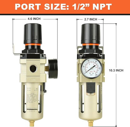 Hromee 1/2 Inch Compressed Filter Regulator Combo, Air Compressor Water Oil Trap Separator with Pressure Gauge, Semi-Auto Drain and Bracket