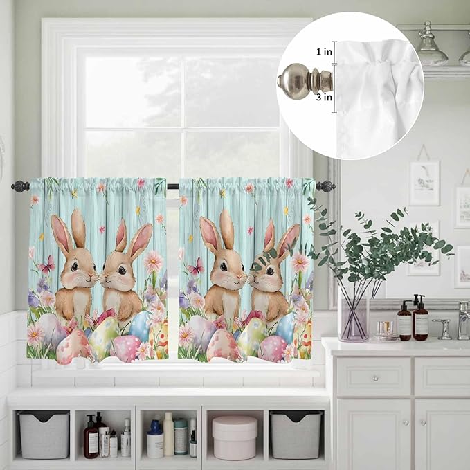 Easter Kitchen Curtains Set 3 Piece for Windows, Rod Pocket Valance and Tier Set 24 Inch Length, Spring Rabbit Colorful Eggs Flowers Wooden Grain Light Filtering Cafe Curtains for Living Room Bathroom