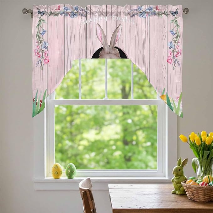 Swag Valance Curtains, Easter Cute Rabbit and Colorful Eggs Rod Pocket Valances Swag Topper for Kitchen Windows, Pink Farm Wooden Barn Light Filtering Short Curtain for Bedroom Bathroom 56x36In
