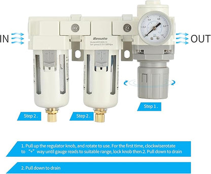 3/8" NPT Three Stage Air Drying System - 0.01 Micron Particulate Filter Air Pressure Regulator Combo - 0-125psi Gauge, Semi-Auto Drain, Metal Bracket