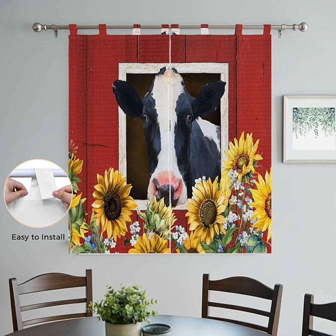 Cow Sunflowers Bathroom Curtains 63 Inch Length, Window Curtains Tab Top, Botanical Floral Leaves Bees Farm Barn Light Filtering Window Treatments Drapes 52"x63" 2 Panel