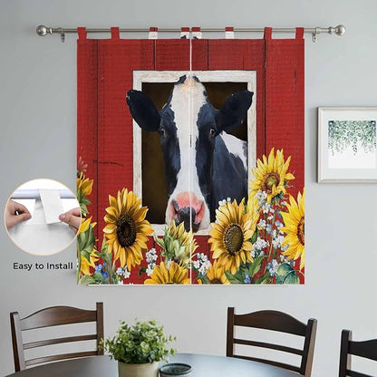 Cow Sunflowers Living Room Curtains 84 Inch Length, Window Curtains Tab Top, Botanical Floral Leaves Bees Farm Barn Light Filtering Window Treatments Drapes 42"x84" 2 Panel