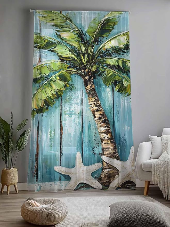Sheer Curtains 96 Inches Long, Coastal Beach Starfish Semi Sheer Curtains Light Filtering Window Treatment, Blue Green Tropical Palm Tree Wood Grain Privacy Voile Drapes for Living Room 52x96 Inch